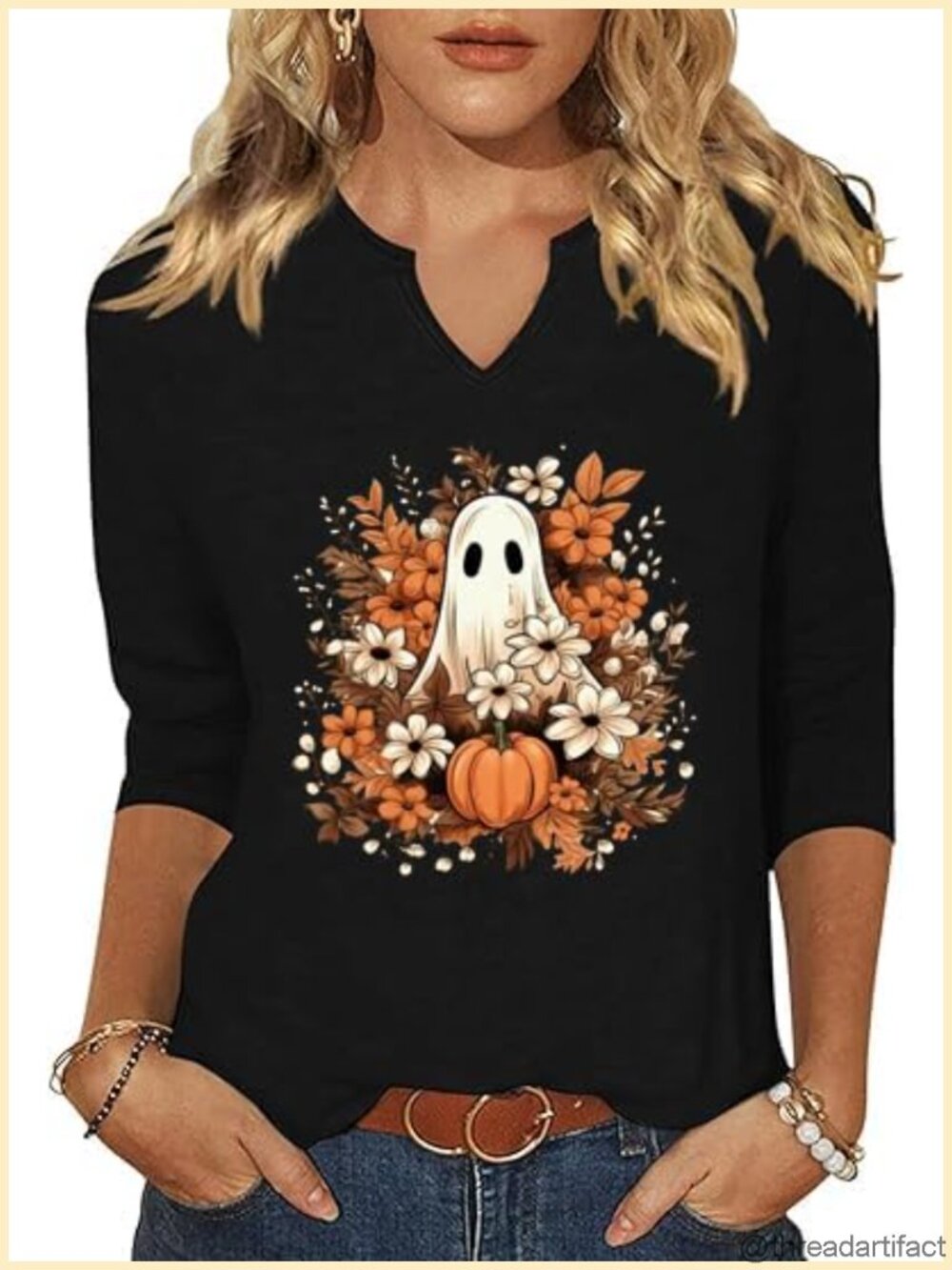 Women's 3/4 Sleeve Halloween Thanksgiving Graphic Tee V Neck Fall Shirt